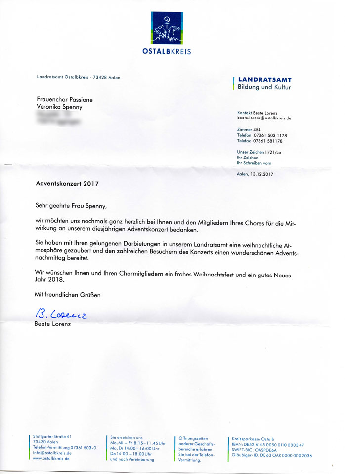 Dankesbrief des Landratsamts Ostalbkreis für das Auftreten des Frauenchor Passione beim Adventskonzert